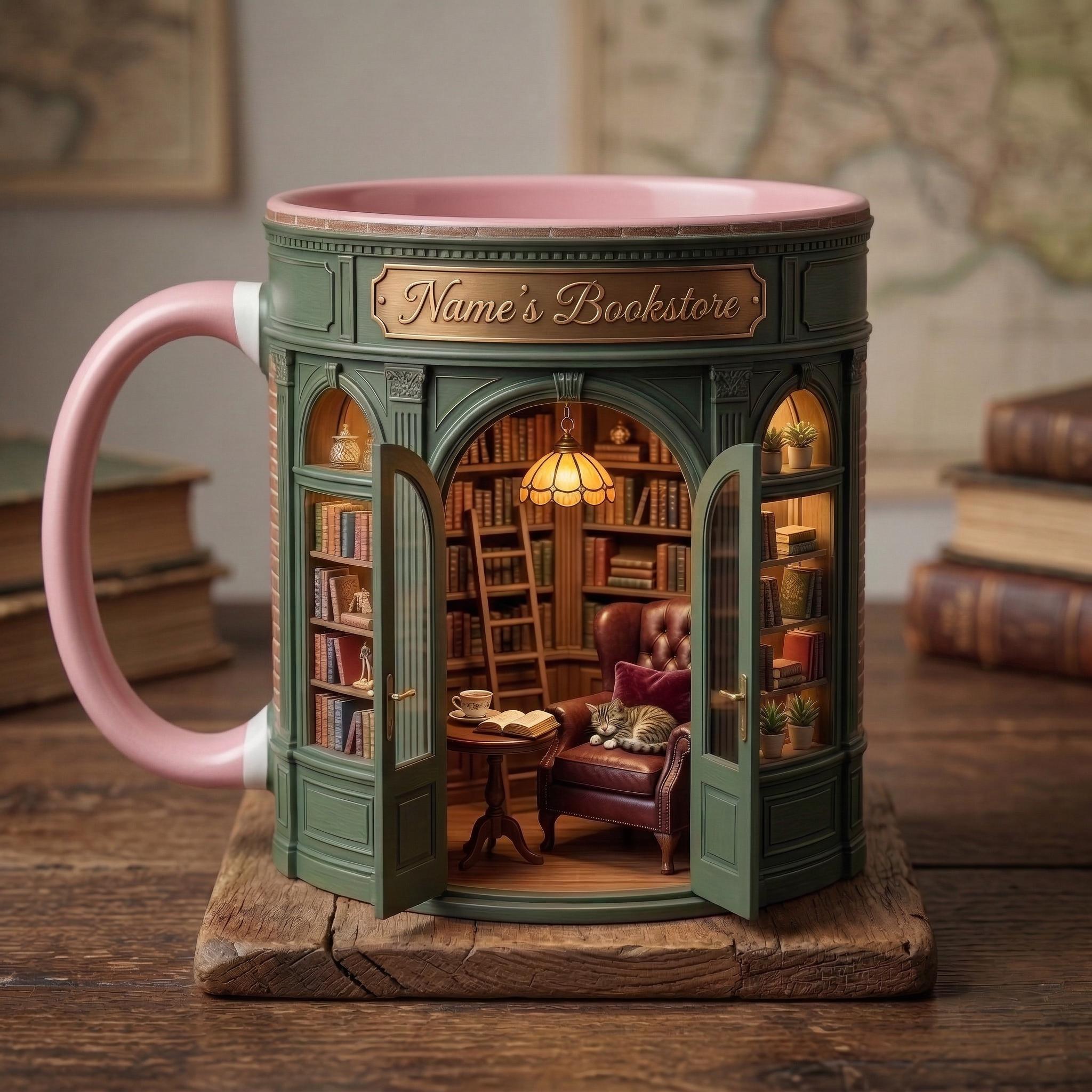 Personalized Owner Book Store Mug, Faux 3D Effect Accent Mug, Book Lover Gift