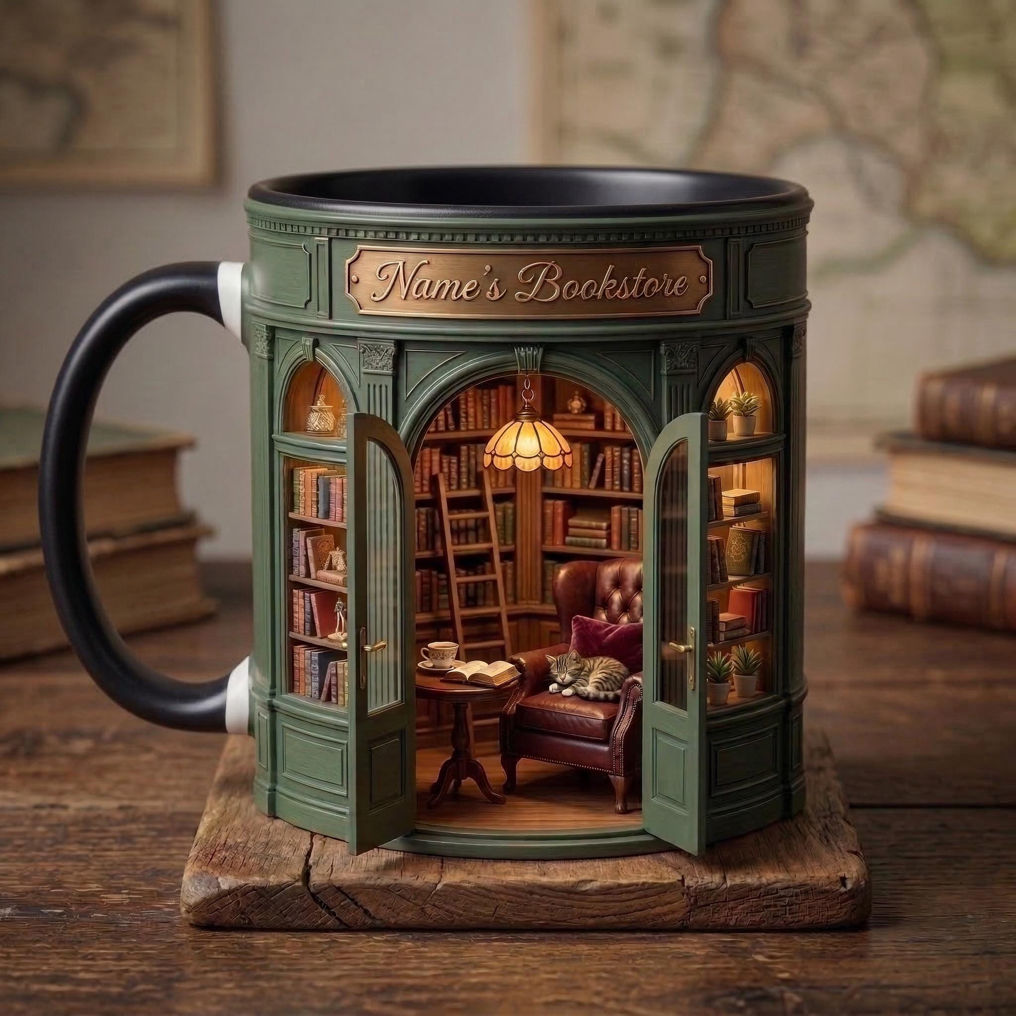 Personalized Owner Book Store Mug, Faux 3D Effect Accent Mug, Book Lover Gift