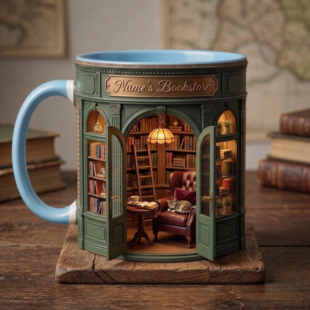 Personalized Owner Book Store Mug, Faux 3D Effect Accent Mug, Book Lover Gift