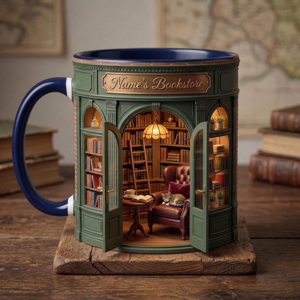 Personalized Owner Book Store Mug, Faux 3D Effect Accent Mug, Book Lover Gift