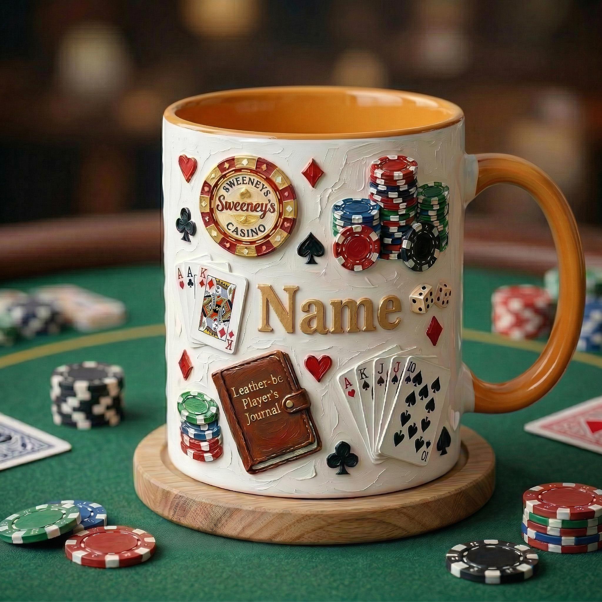 Personalized Poker Mug, Casino Style Coffee Cup, Oil Painting Effect, Card Game Player Gift