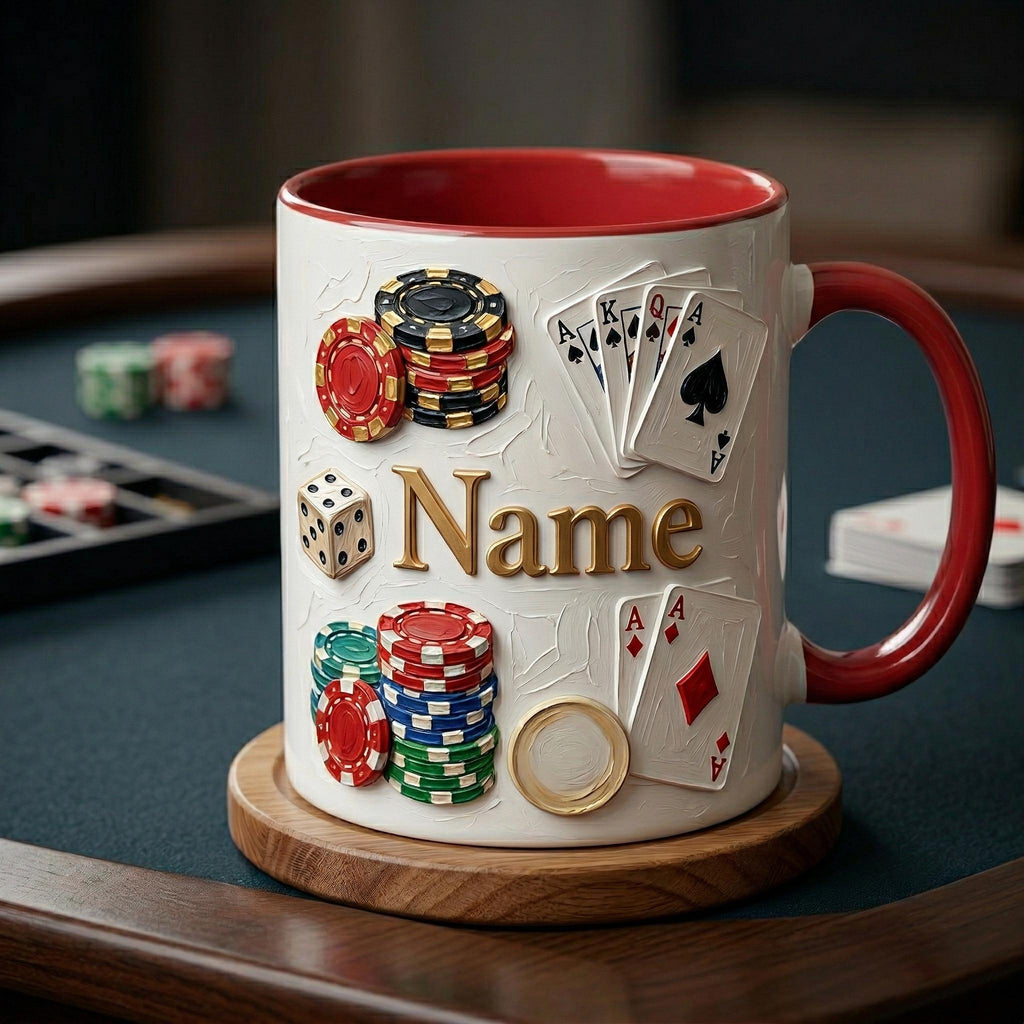 Personalized Poker Mug, Casino Style Coffee Cup, Oil Painting Effect, Card Game Player Gift