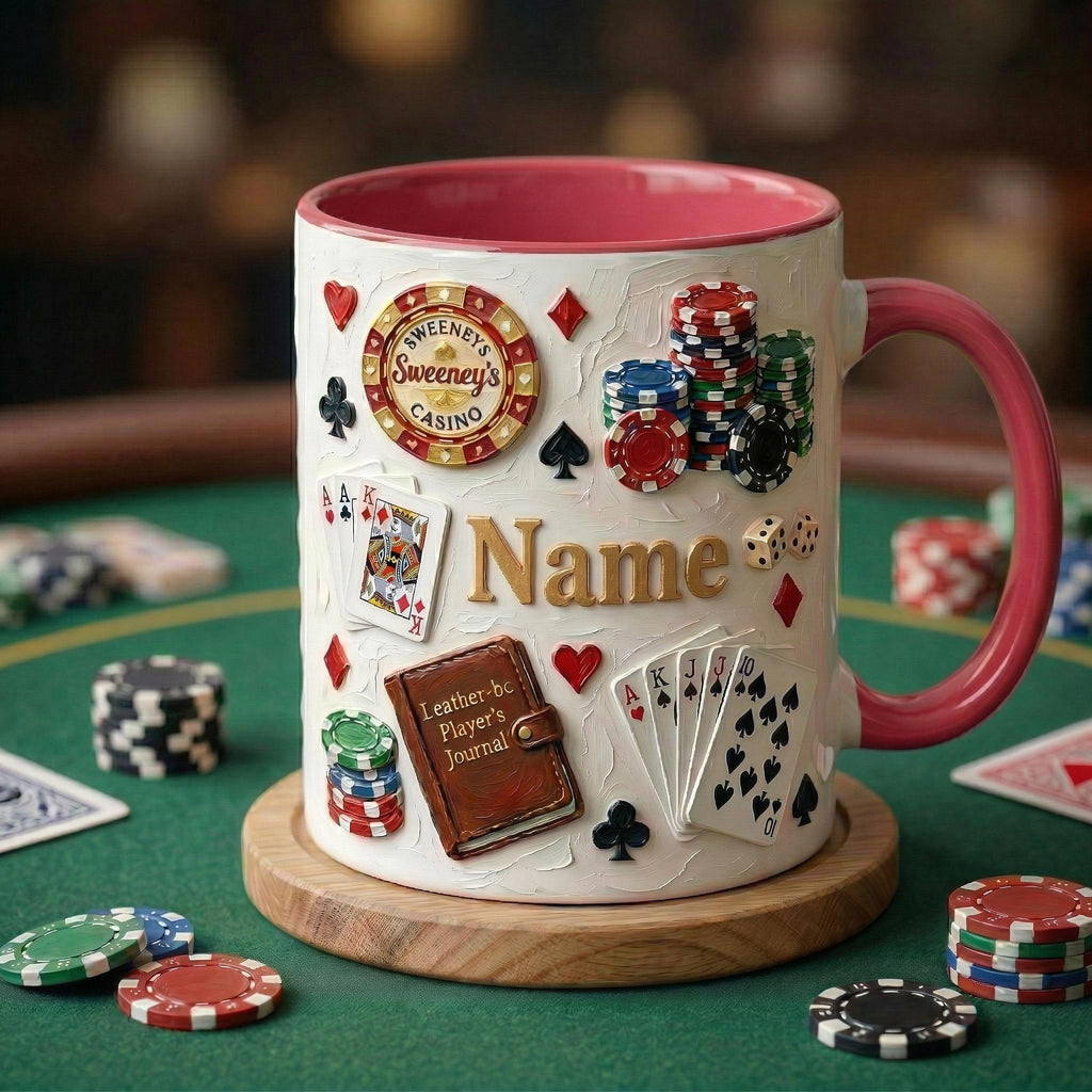 Personalized Poker Mug, Casino Style Coffee Cup, Oil Painting Effect, Card Game Player Gift