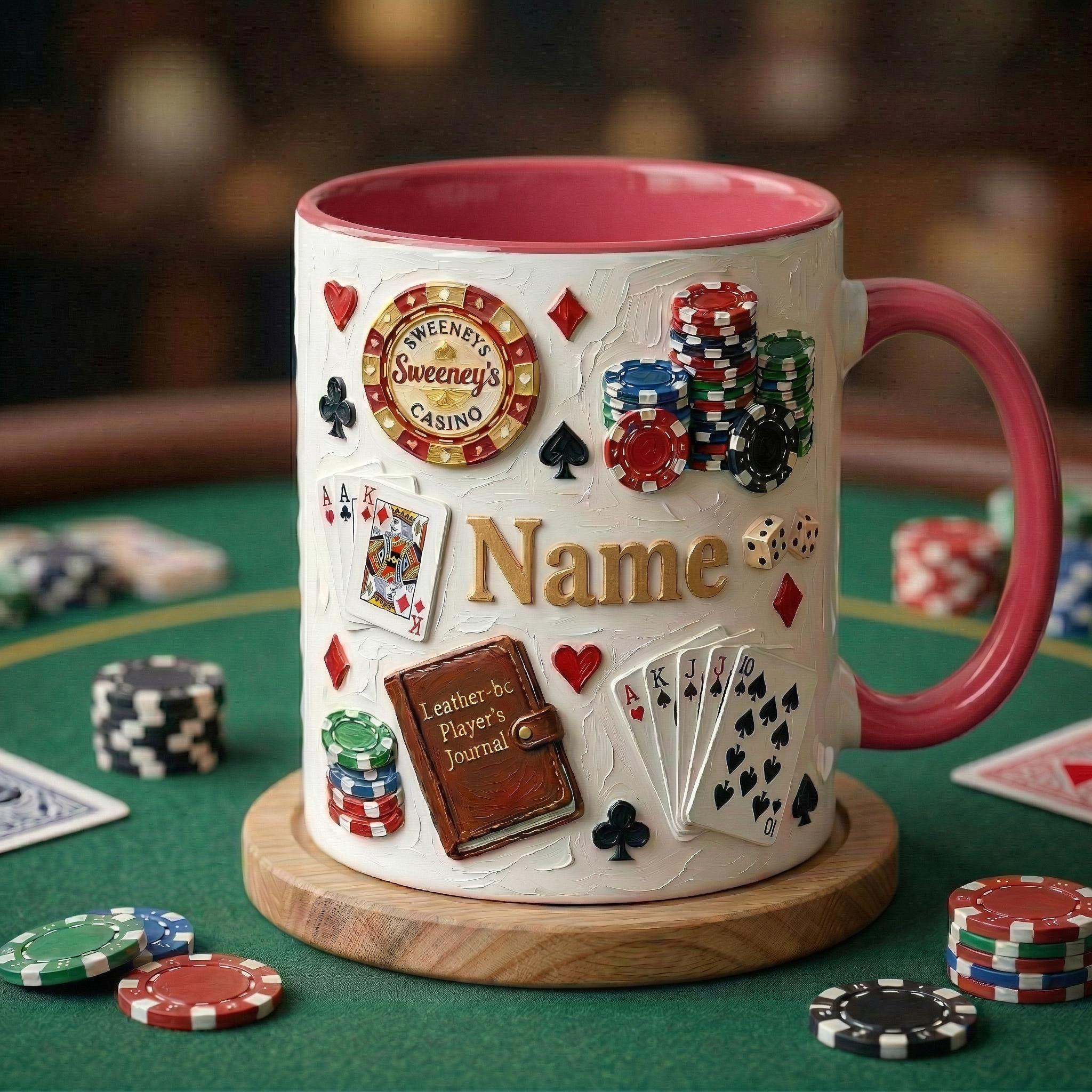 Personalized Poker Mug, Casino Style Coffee Cup, Oil Painting Effect, Card Game Player Gift