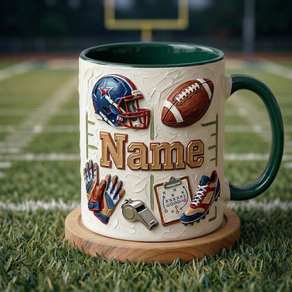 Personalized Football Mug, 3D Game Day Coffee Cup, Oil Painting Effect