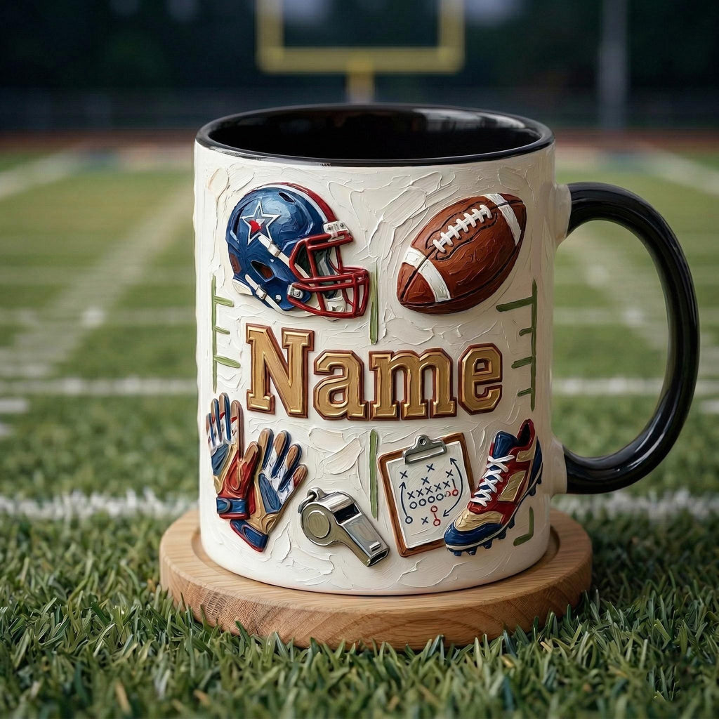 Personalized Football Mug, 3D Game Day Coffee Cup, Oil Painting Effect