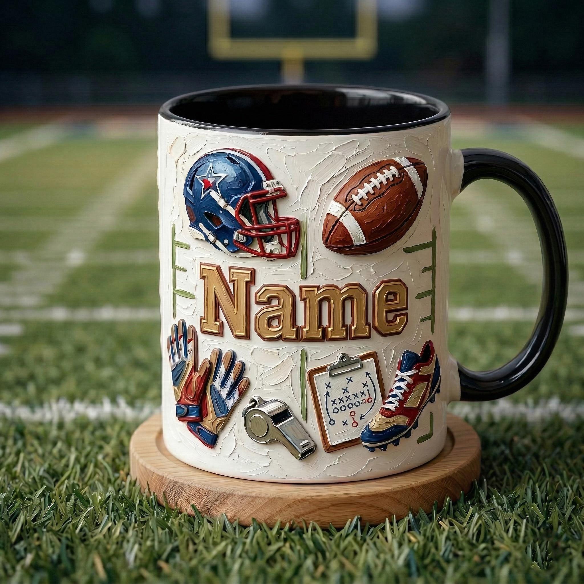 Personalized Football Mug, 3D Game Day Coffee Cup, Oil Painting Effect