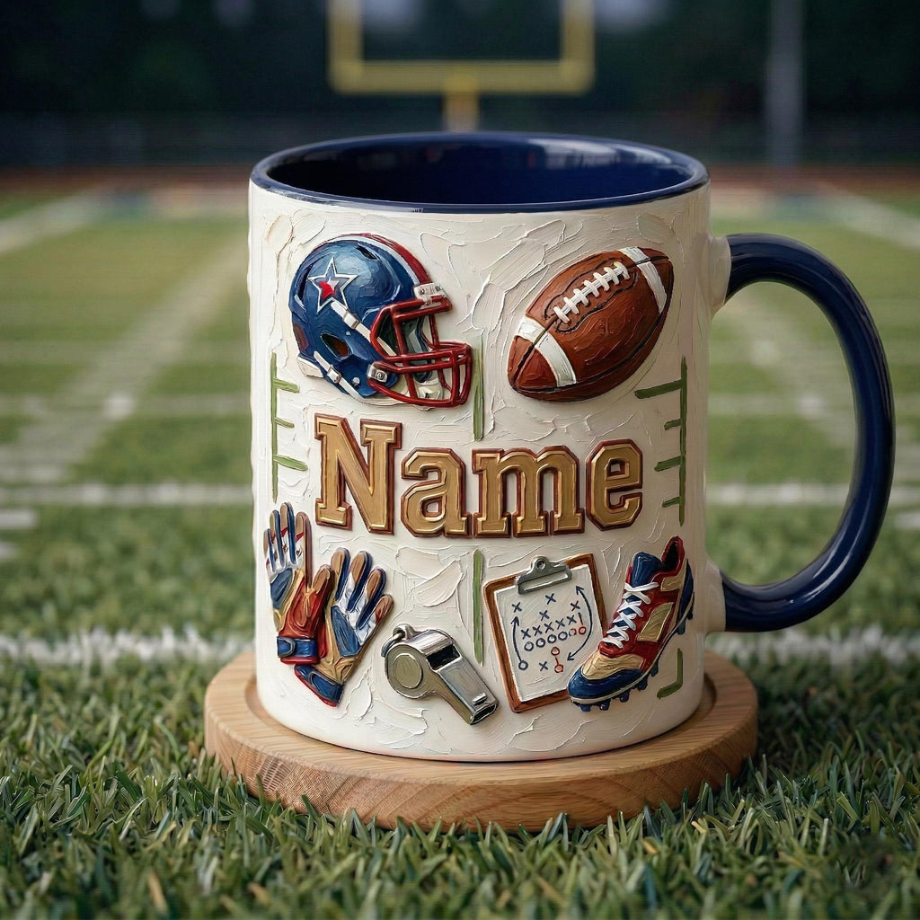 Personalized Football Mug, 3D Game Day Coffee Cup, Oil Painting Effect