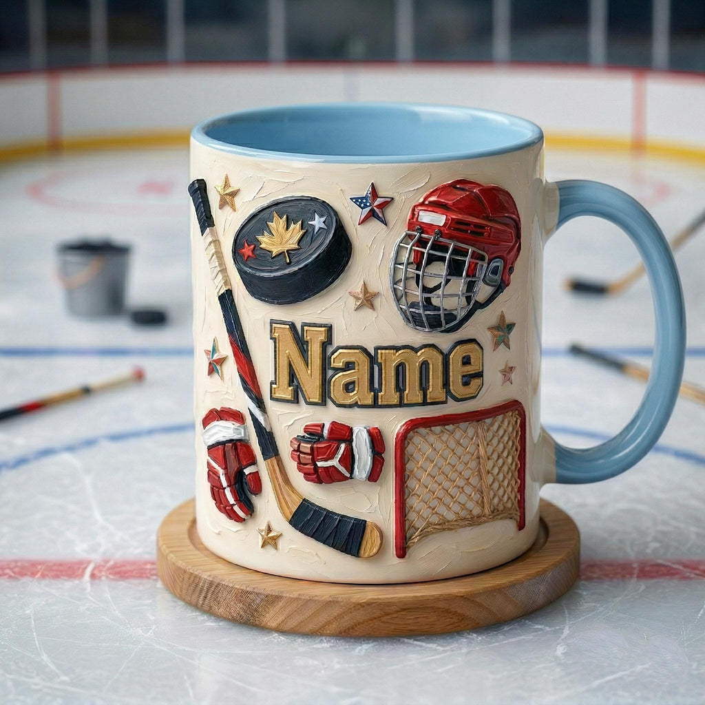 Personalized Ice Hockey Mug 3D, Hockey Fan Gift, Oil Painting Effect Coffee Cup