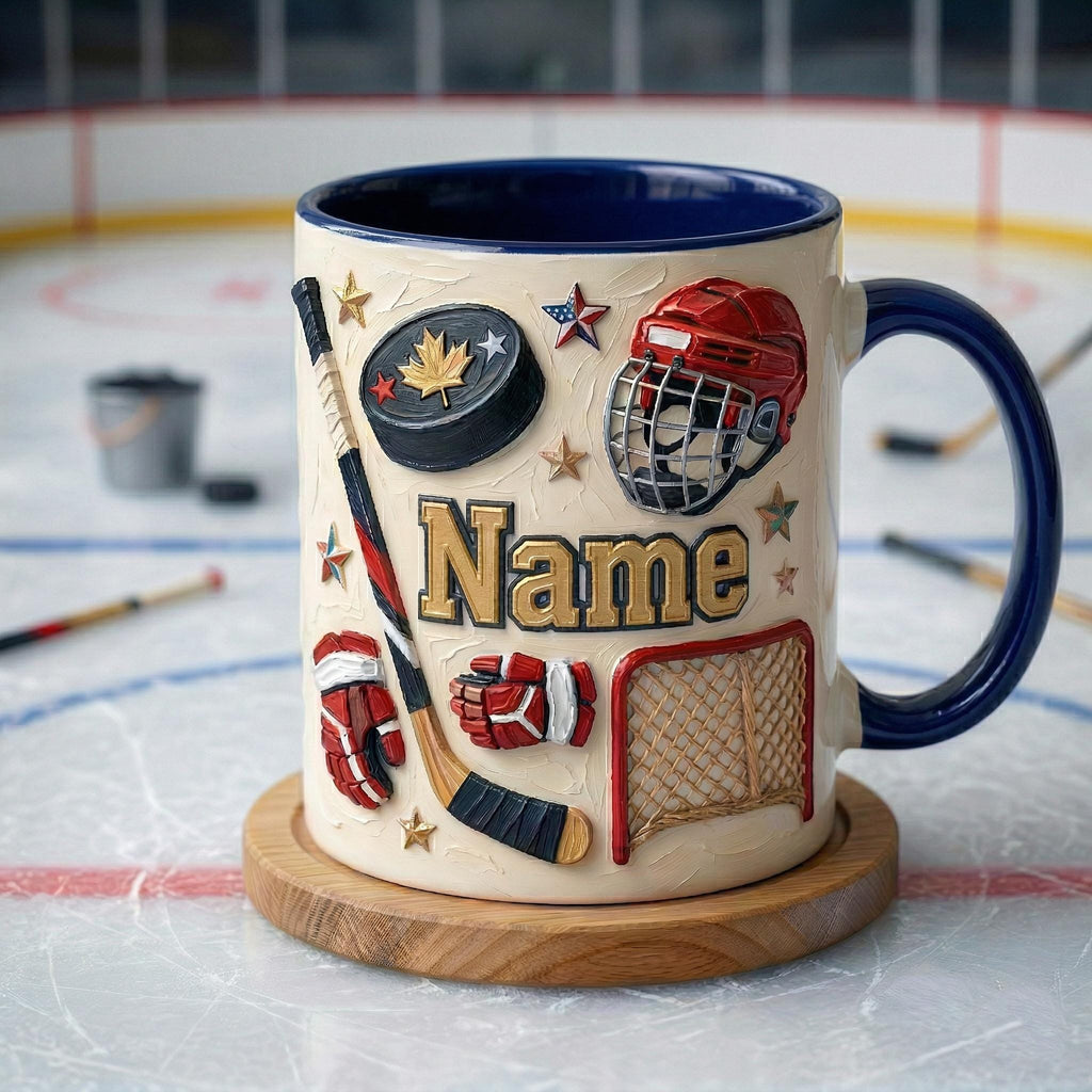 Personalized Ice Hockey Mug 3D, Hockey Fan Gift, Oil Painting Effect Coffee Cup