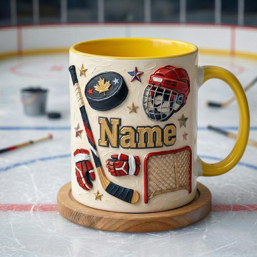 Personalized Ice Hockey Mug 3D, Hockey Fan Gift, Oil Painting Effect Coffee Cup