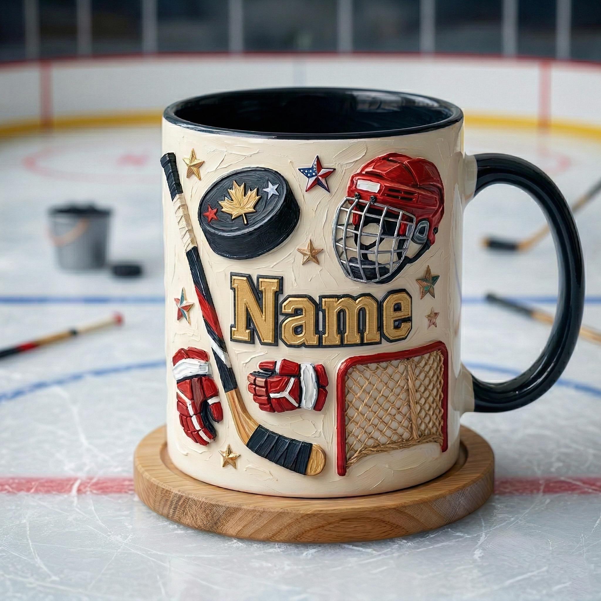 Personalized Ice Hockey Mug 3D, Hockey Fan Gift, Oil Painting Effect Coffee Cup