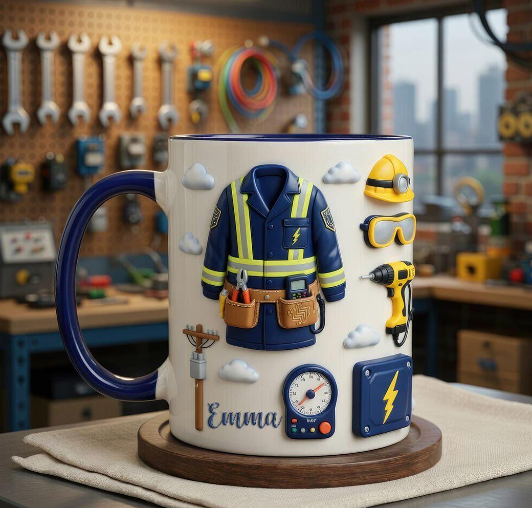 Personalized Electrician Mug, Custom Name Electrician Coffee Mug, Lineman Worker Gift Mug, Electrician Gift For Dad Or Husband, 2D Flat