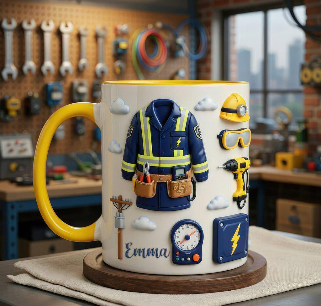 Personalized Electrician Mug, Custom Name Electrician Coffee Mug, Lineman Worker Gift Mug, Electrician Gift For Dad Or Husband, 2D Flat