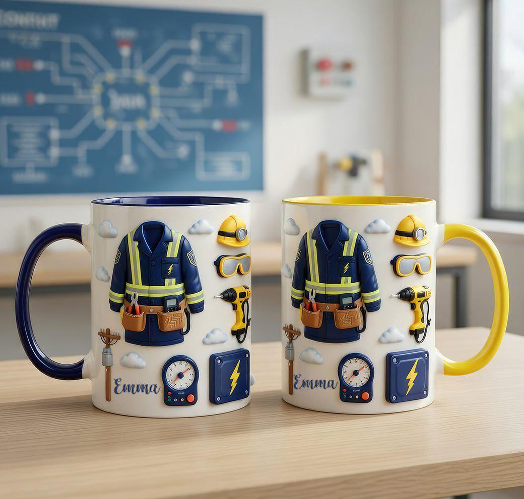 Personalized Electrician Mug, Custom Name Electrician Coffee Mug, Lineman Worker Gift Mug, Electrician Gift For Dad Or Husband, 2D Flat