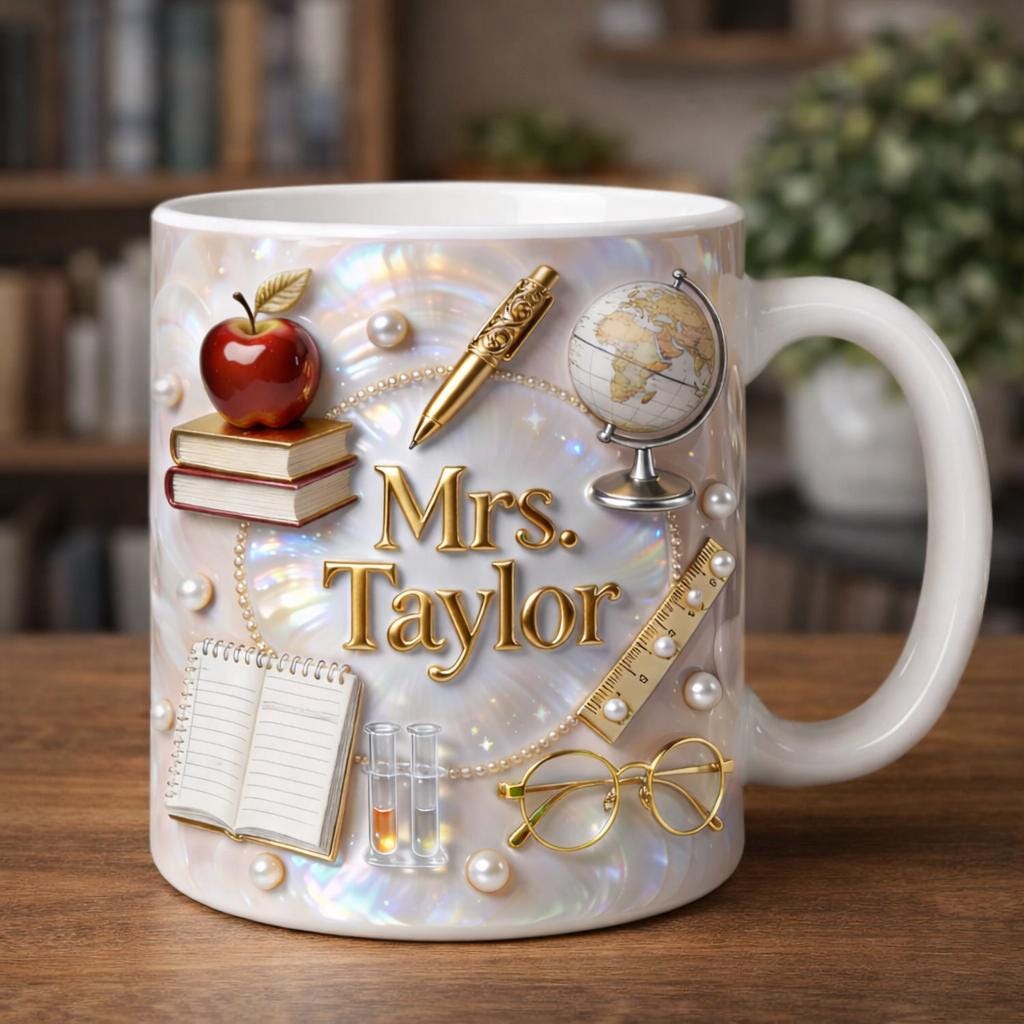 Personalized Teacher Mug Gift, Custom Name Teacher Coffee Cup, School Supplies Design, Gift for Teacher Her