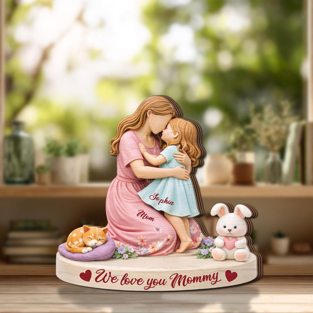 Personalized Mom Wooden Block, Mother & Daughter Hug Gift, Custom Name Keepsake, We Love You Mommy Decor, Mother’s Day Gift for Mom