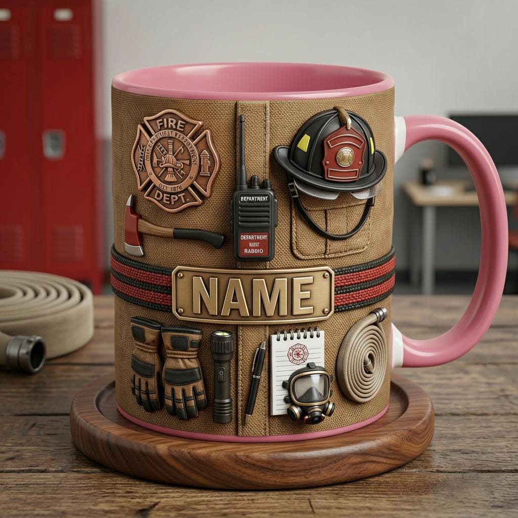 Personalized Firefighter Mug 3D, Honor and Courage Design, Custom Firefighter Name Mug, Faux 3D Effect Mug