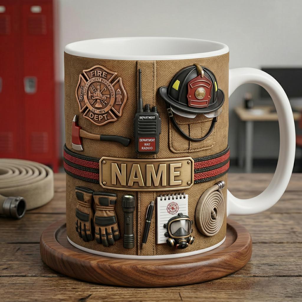 Personalized Firefighter Mug 3D, Honor and Courage Design, Custom Firefighter Name Mug, Faux 3D Effect Mug