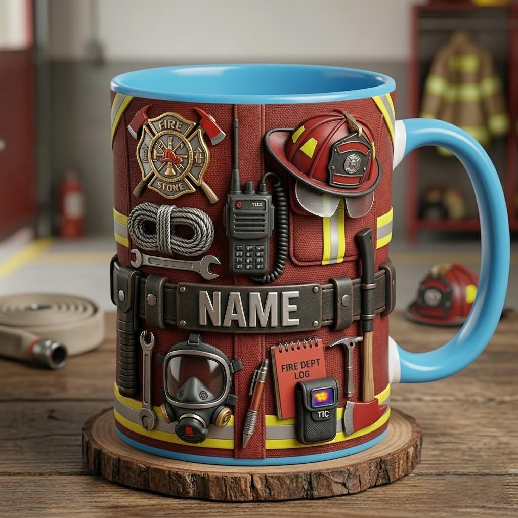 Personalized Firefighter Mug, Custom Coffee Cup, Faux 3D Effect, Gift for Firefighters