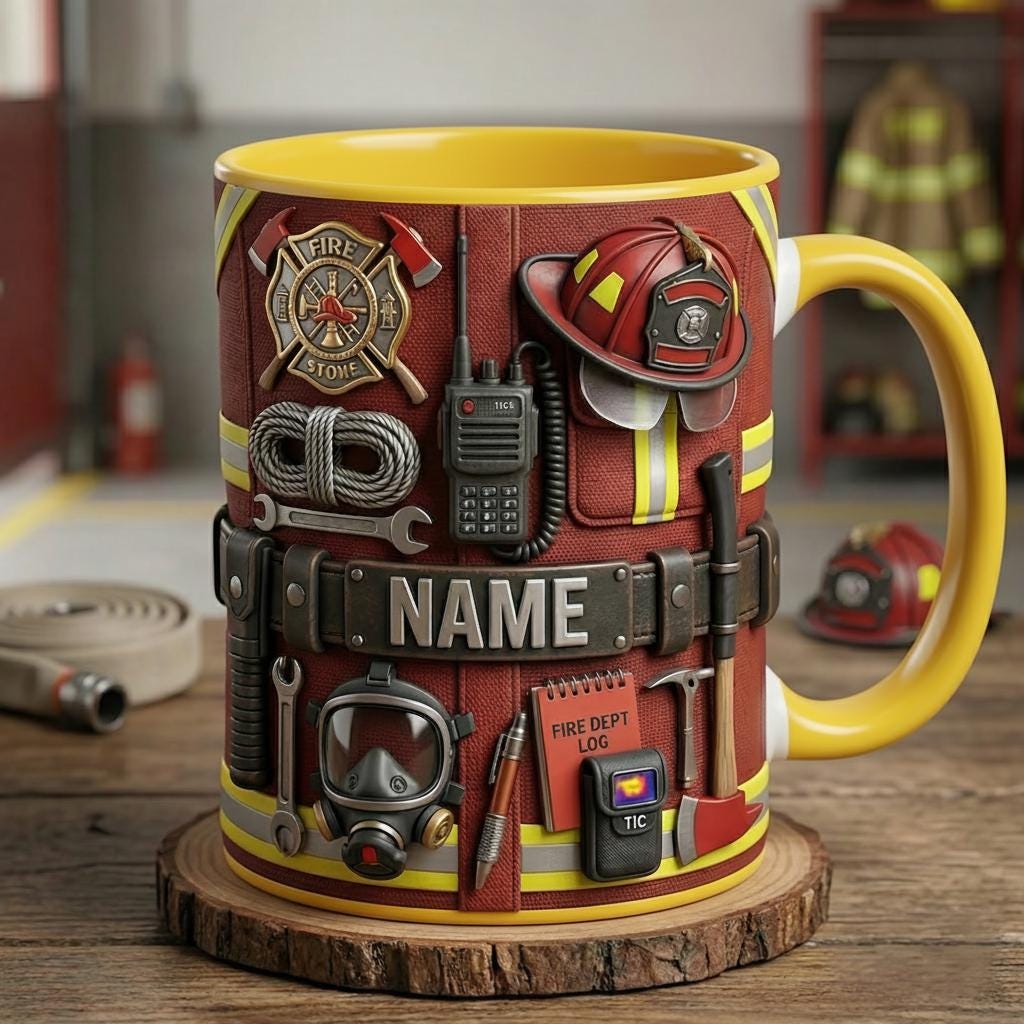 Personalized Firefighter Mug, Custom Coffee Cup, Faux 3D Effect, Gift for Firefighters