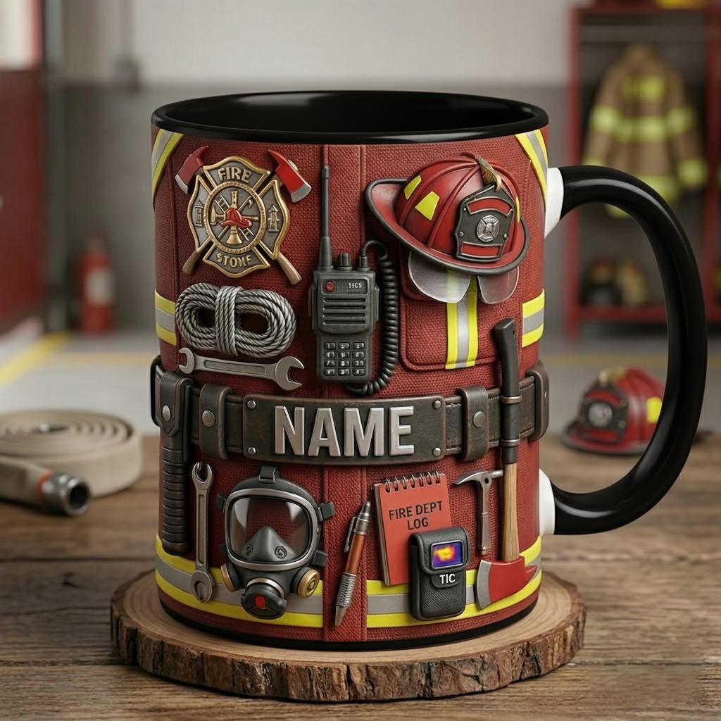 Personalized Firefighter Mug, Custom Coffee Cup, Faux 3D Effect, Gift for Firefighters