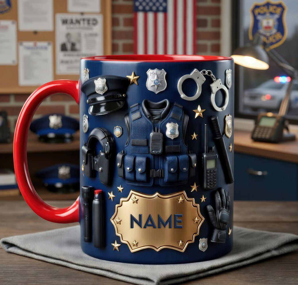 Personalized Police Uniform Mug 3D, Custom Name Cop Coffee Cup, Law Enforcement Gift