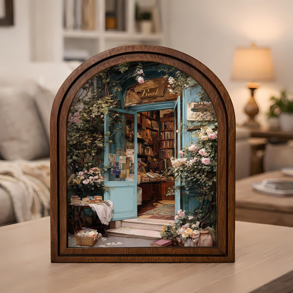Cozy Bookshop Arch Frame Artwork, Floral Cottagecore Wall Art, Vintage Bookshelf Decor, Romantic Reading Nook Wall Art