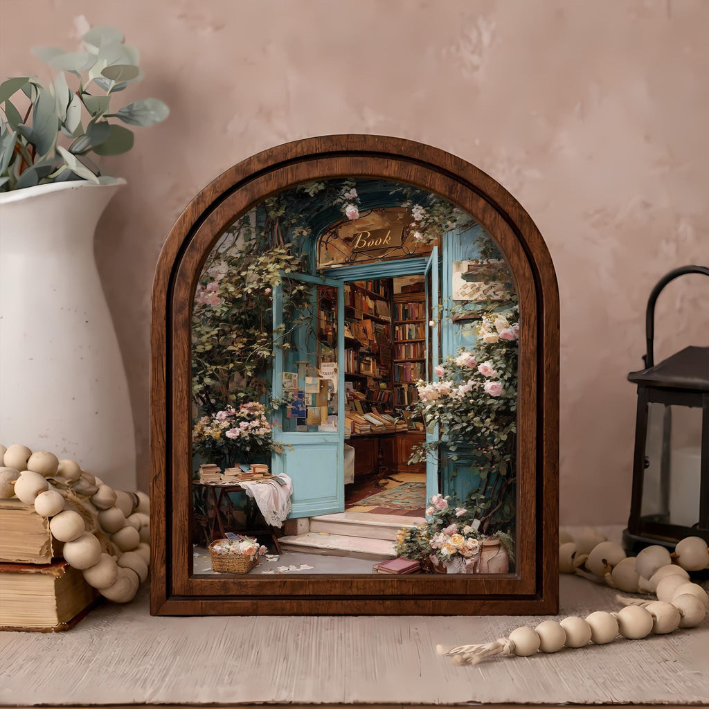 Cozy Bookshop Arch Frame Artwork, Floral Cottagecore Wall Art, Vintage Bookshelf Decor, Romantic Reading Nook Wall Art