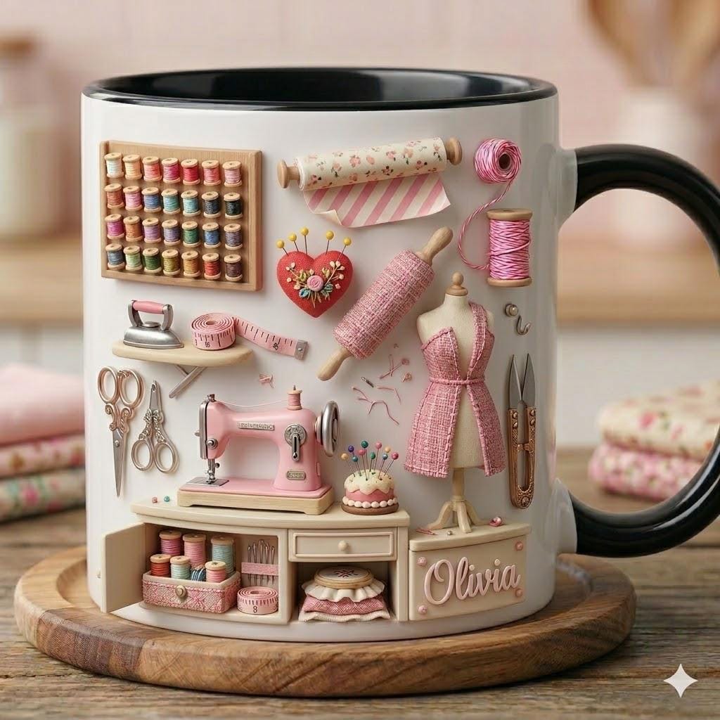 Sewing Mug Personalized Name Coffee Cup Custom Seamstress Gift Tailor Decor 3D Craft Room Mugs Hobbyist Present 11oz 15oz Ceramic Tea Cup