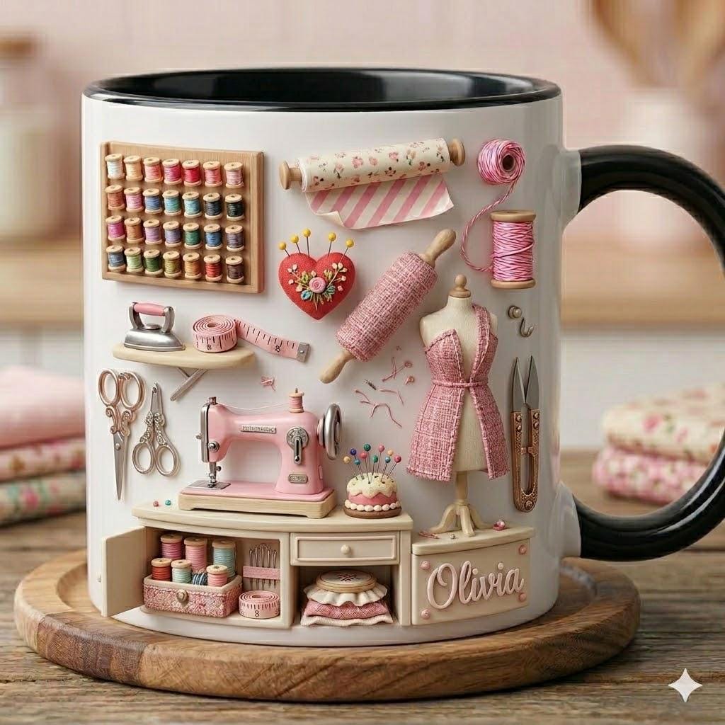 Sewing Mug Personalized Name Coffee Cup Custom Seamstress Gift Tailor Decor 3D Craft Room Mugs Hobbyist Present 11oz 15oz Ceramic Tea Cup