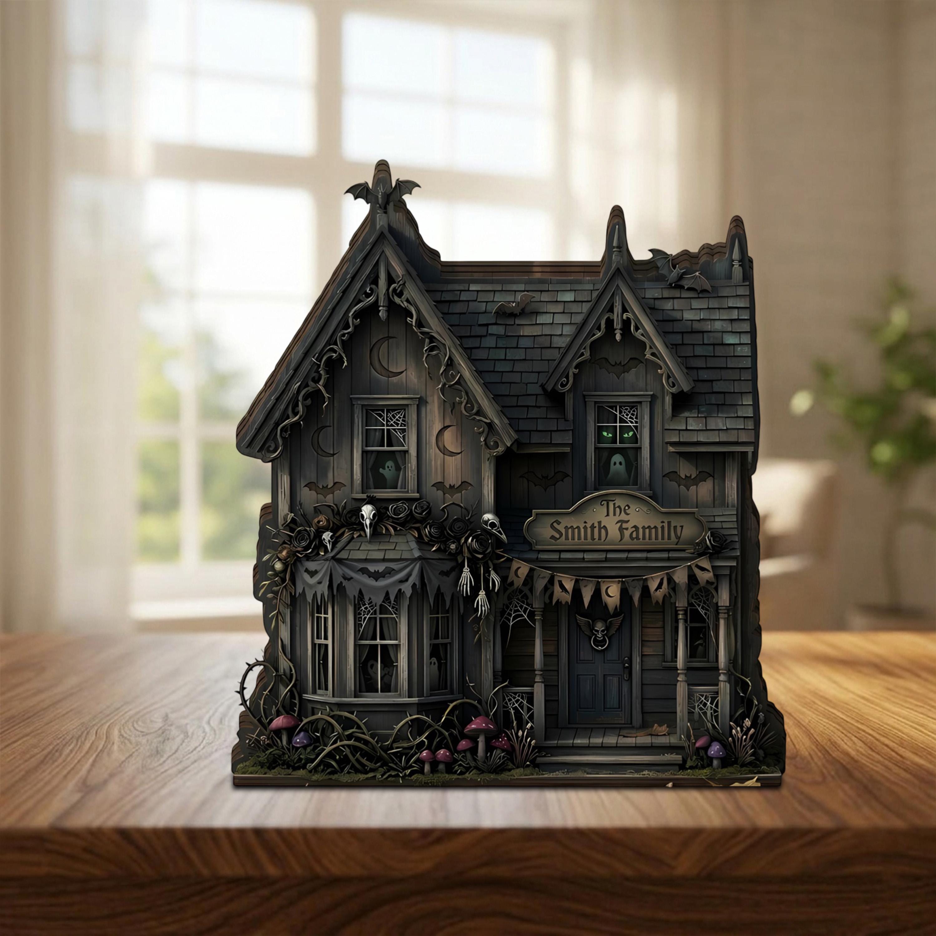 Personalized Halloween Haunted House Wooden Block, Spooky Gothic Home Decor, Custom Family Name Sign, Miniature Creepy Cottage