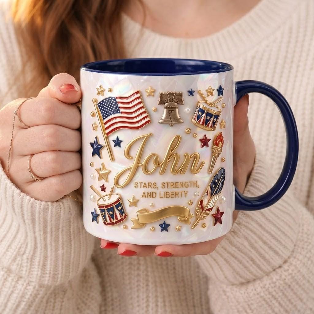 Personalized Patriotic Accent Mug, Custom Stars Strength and Liberty Cup, USA Dad Gift