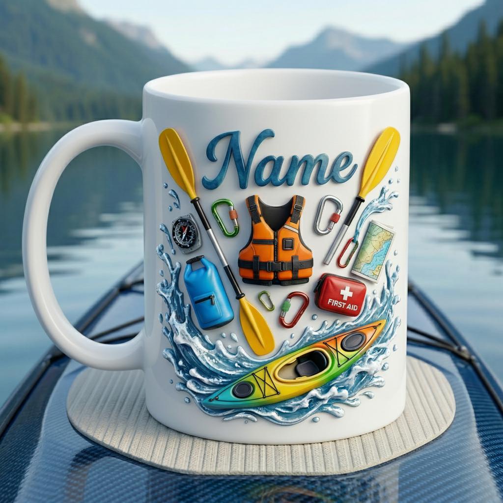 Personalized Kayaking Mug 3D, Custom Name Coffee Cup, Outdoor Adventure Lover Gift