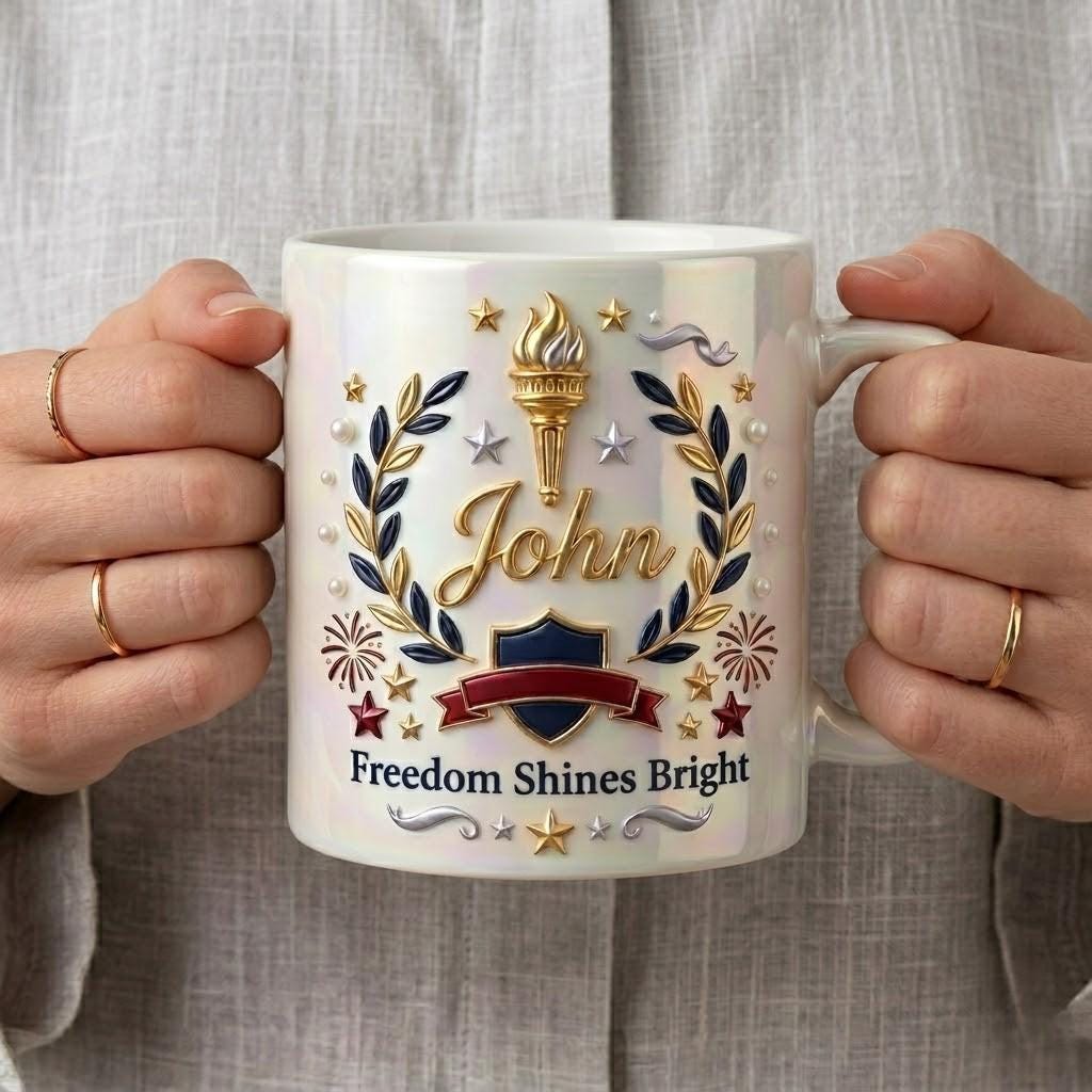 Personalized Patriotic Ceramic Mug, Custom Freedom Shines Bright Cup, USA Gift for Dad
