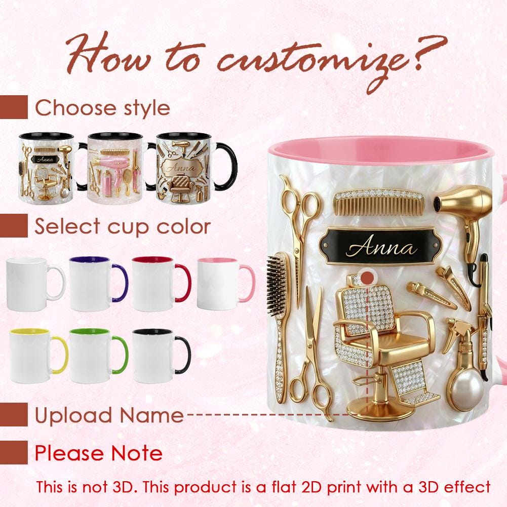 Personalized Hairstylist Mug, Custom Name Hairstylist Accent Mug, Custom Name Salon Coffee Cup, 2D Flat