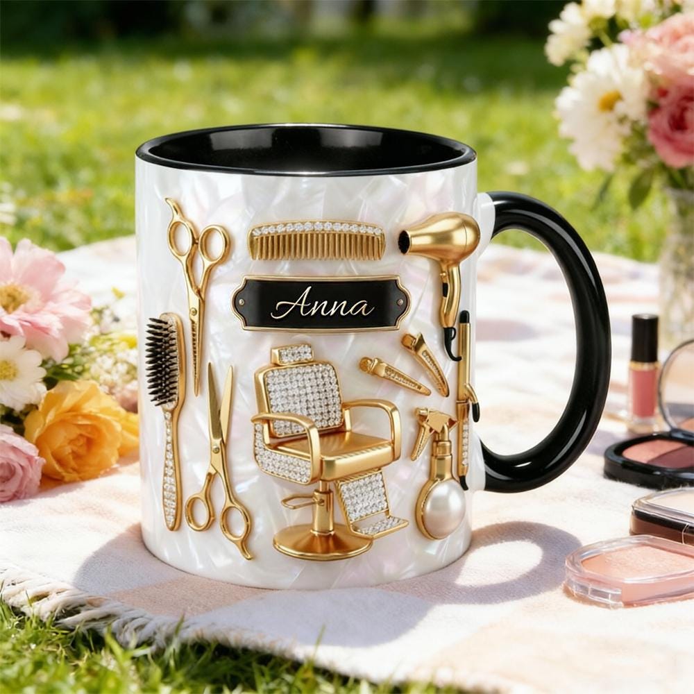 Personalized Hairstylist Mug, Custom Name Hairstylist Accent Mug, Custom Name Salon Coffee Cup, 2D Flat