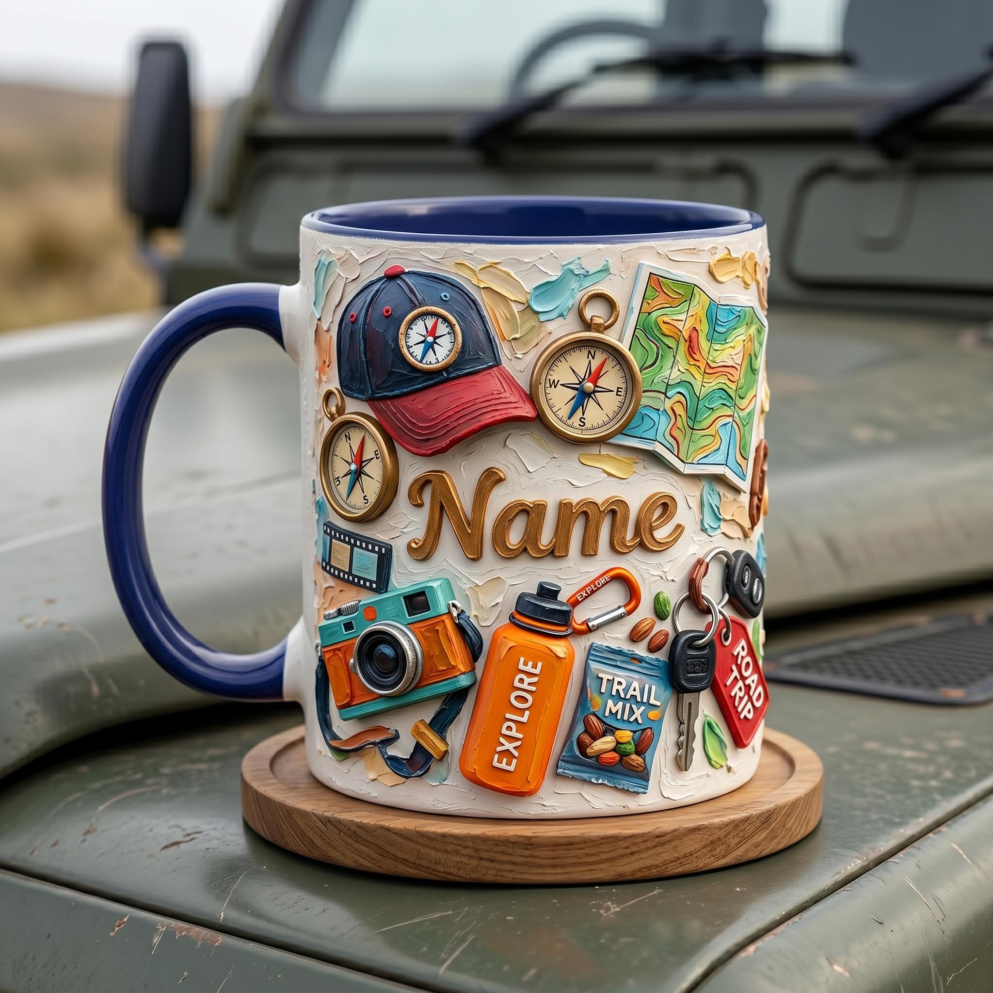 Personalized Road Trip Mug 3D, Faux Oil Painting Effect, Travel Coffee Cup, Vacation Gift, Explore Adventure Mug