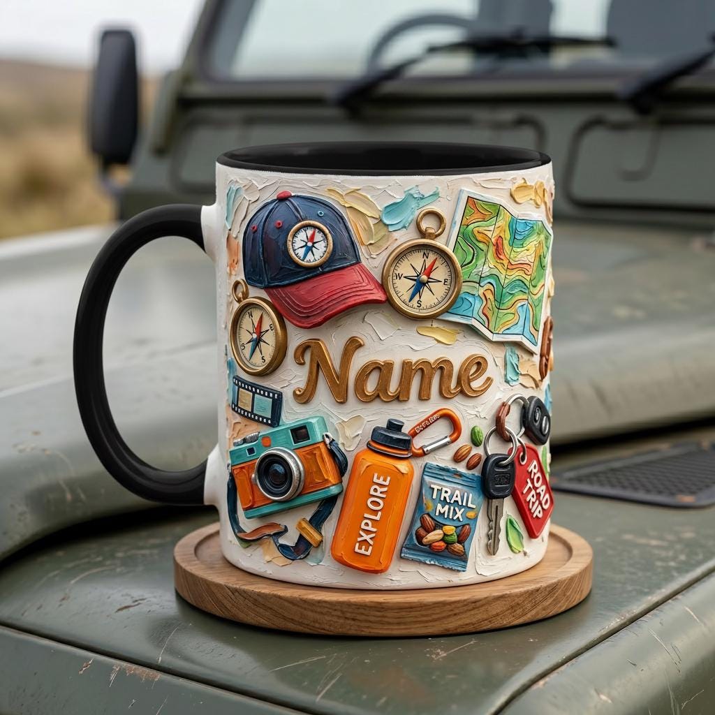 Personalized Road Trip Mug 3D, Faux Oil Painting Effect, Travel Coffee Cup, Vacation Gift, Explore Adventure Mug