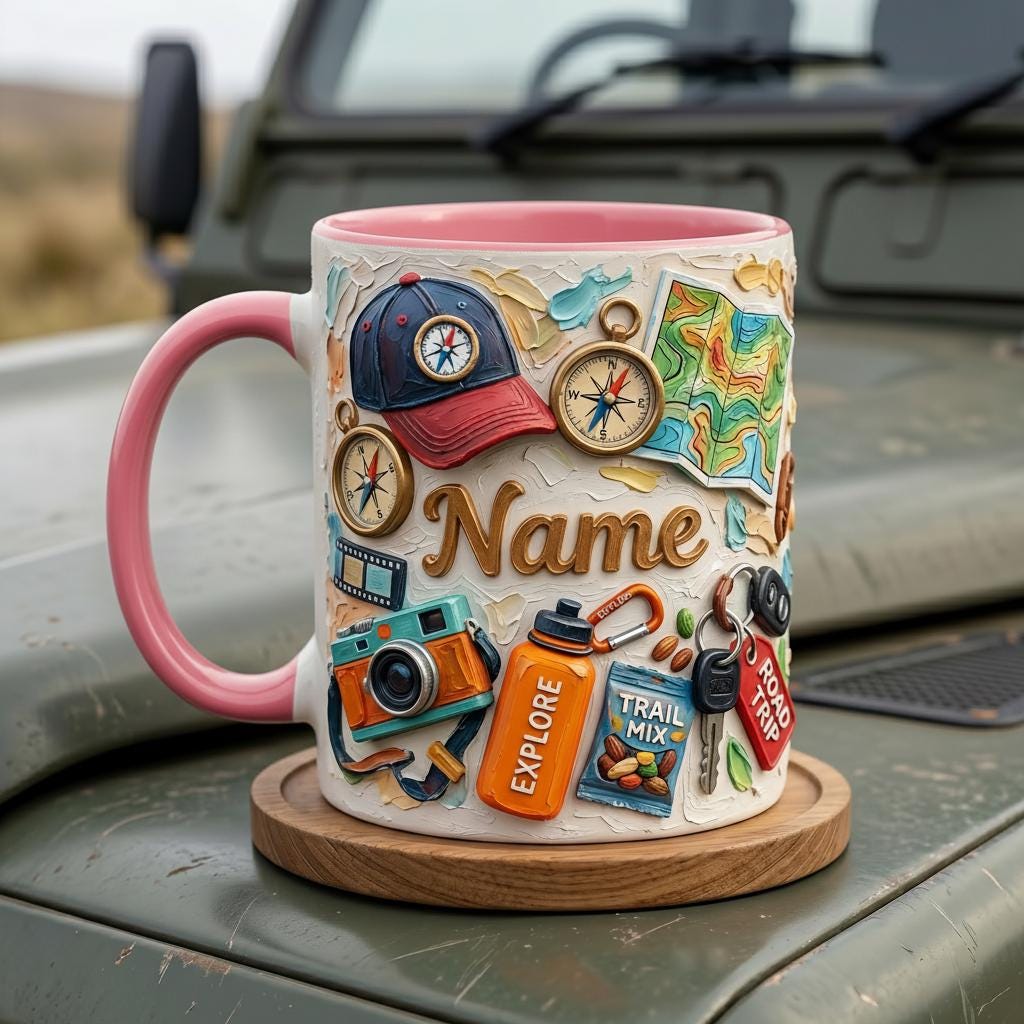 Personalized Road Trip Mug 3D, Faux Oil Painting Effect, Travel Coffee Cup, Vacation Gift, Explore Adventure Mug