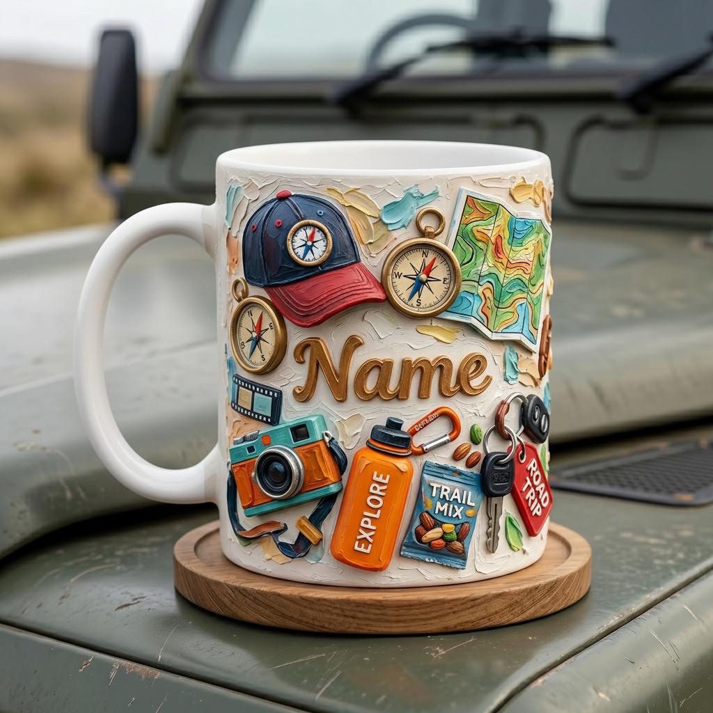 Personalized Road Trip Mug 3D, Faux Oil Painting Effect, Travel Coffee Cup, Vacation Gift, Explore Adventure Mug
