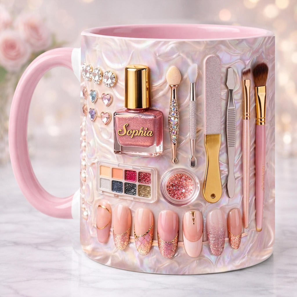 Personalized Nail Tech 2D Mug, Manicurists, Beauty Professionals, Gifts for Nail Lovers, Pink Manicure Tools Coffee Cup for Nail Artists