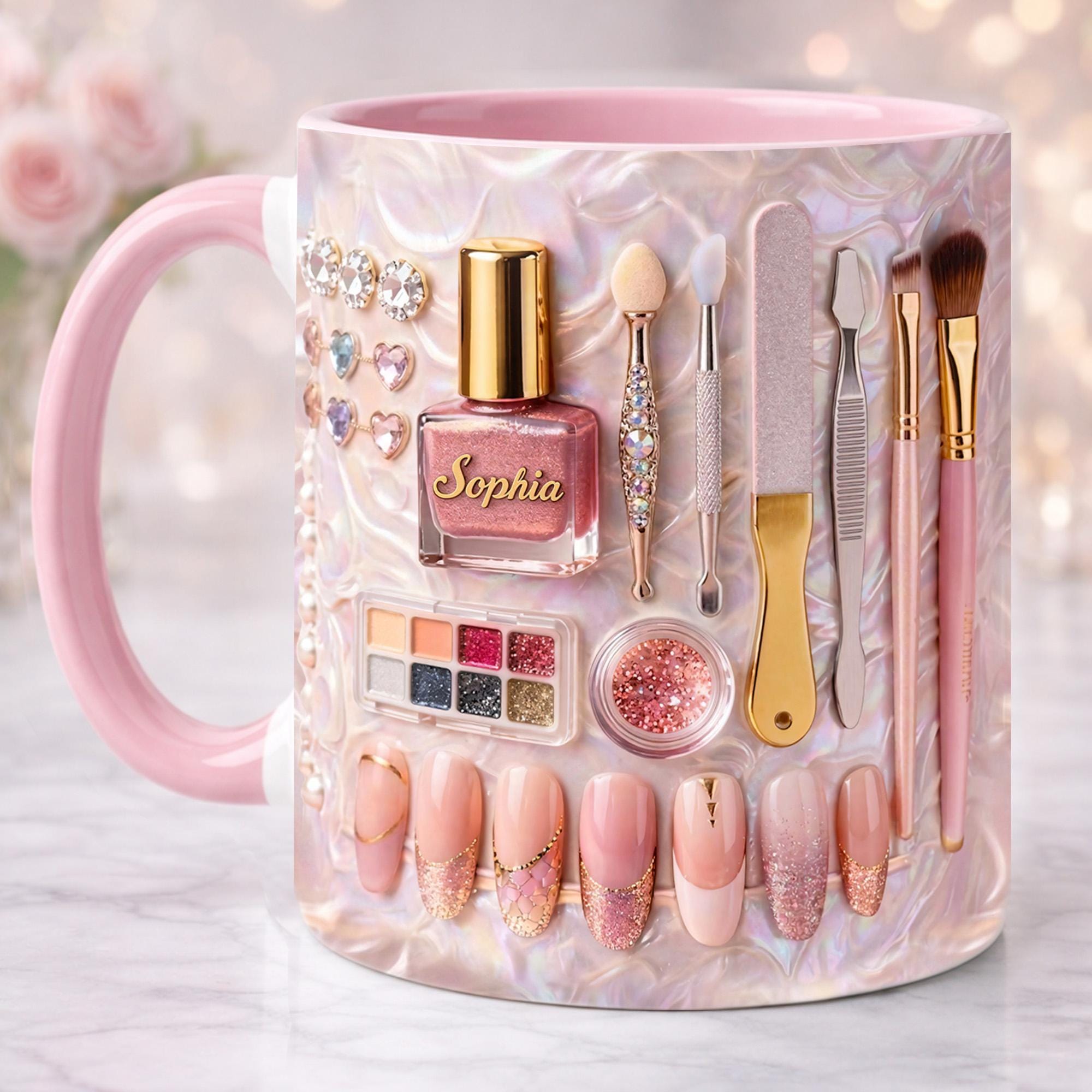 Personalized Nail Tech 2D Mug, Manicurists, Beauty Professionals, Gifts for Nail Lovers, Pink Manicure Tools Coffee Cup for Nail Artists
