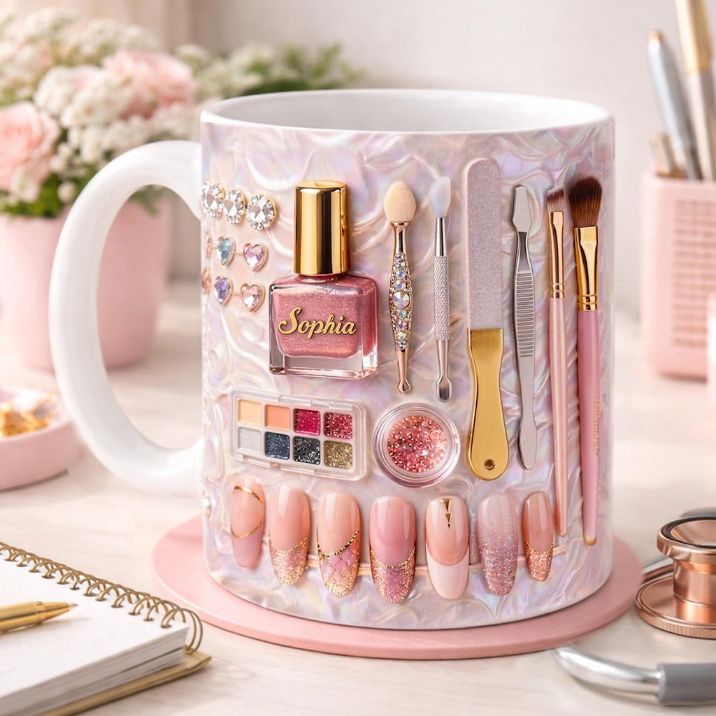 Personalized Nail Tech 2D Mug, Manicurists, Beauty Professionals, Gifts for Nail Lovers, Pink Manicure Tools Coffee Cup for Nail Artists