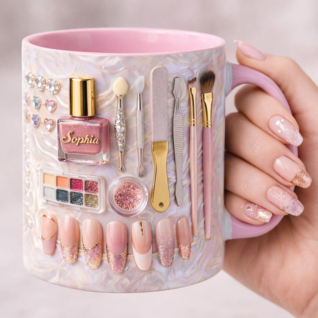 Personalized Nail Tech 2D Mug, Manicurists, Beauty Professionals, Gifts for Nail Lovers, Pink Manicure Tools Coffee Cup for Nail Artists