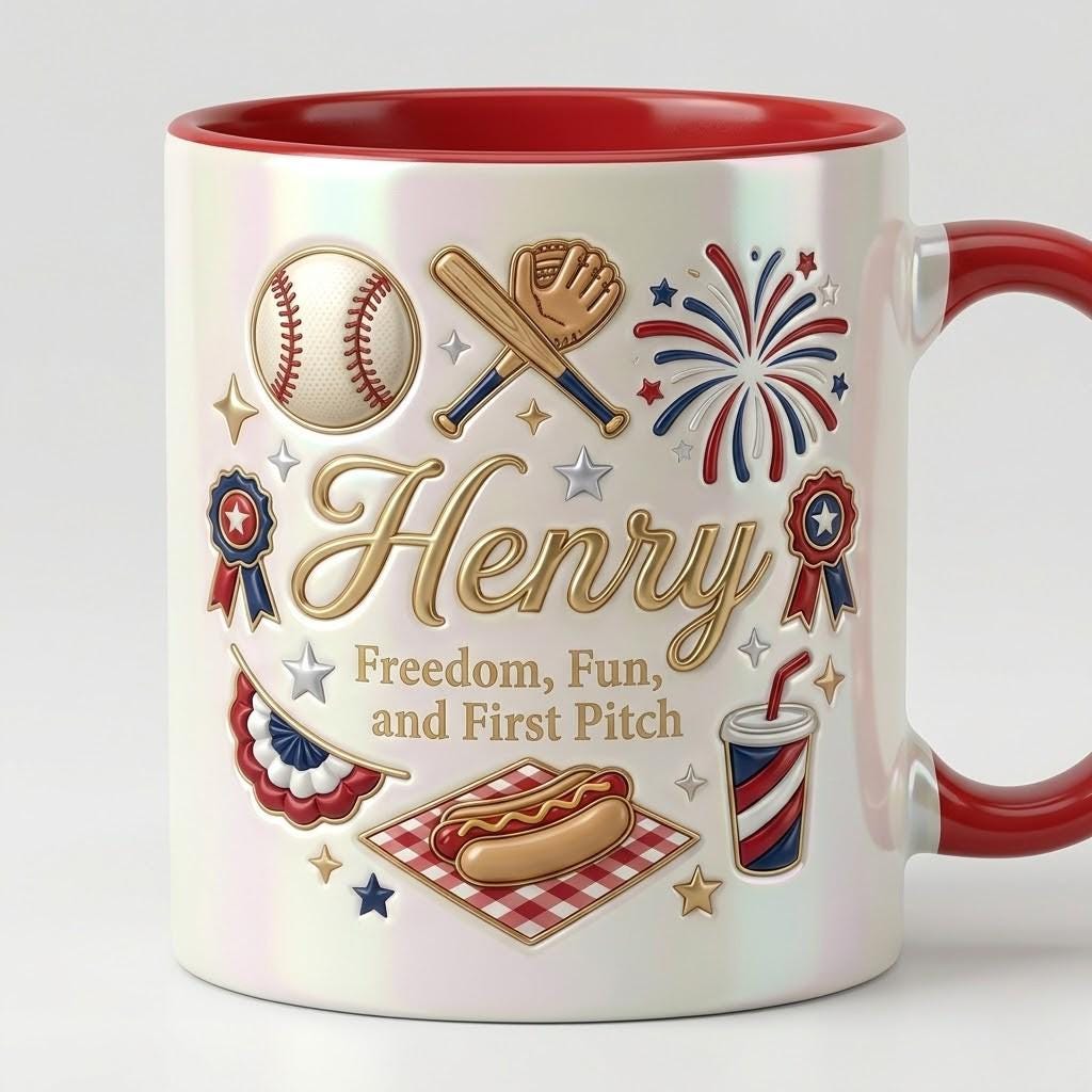 Personalized Patriotic Baseball Accent Mug, Custom Stars Baseball Cup, Summer Nights Gift