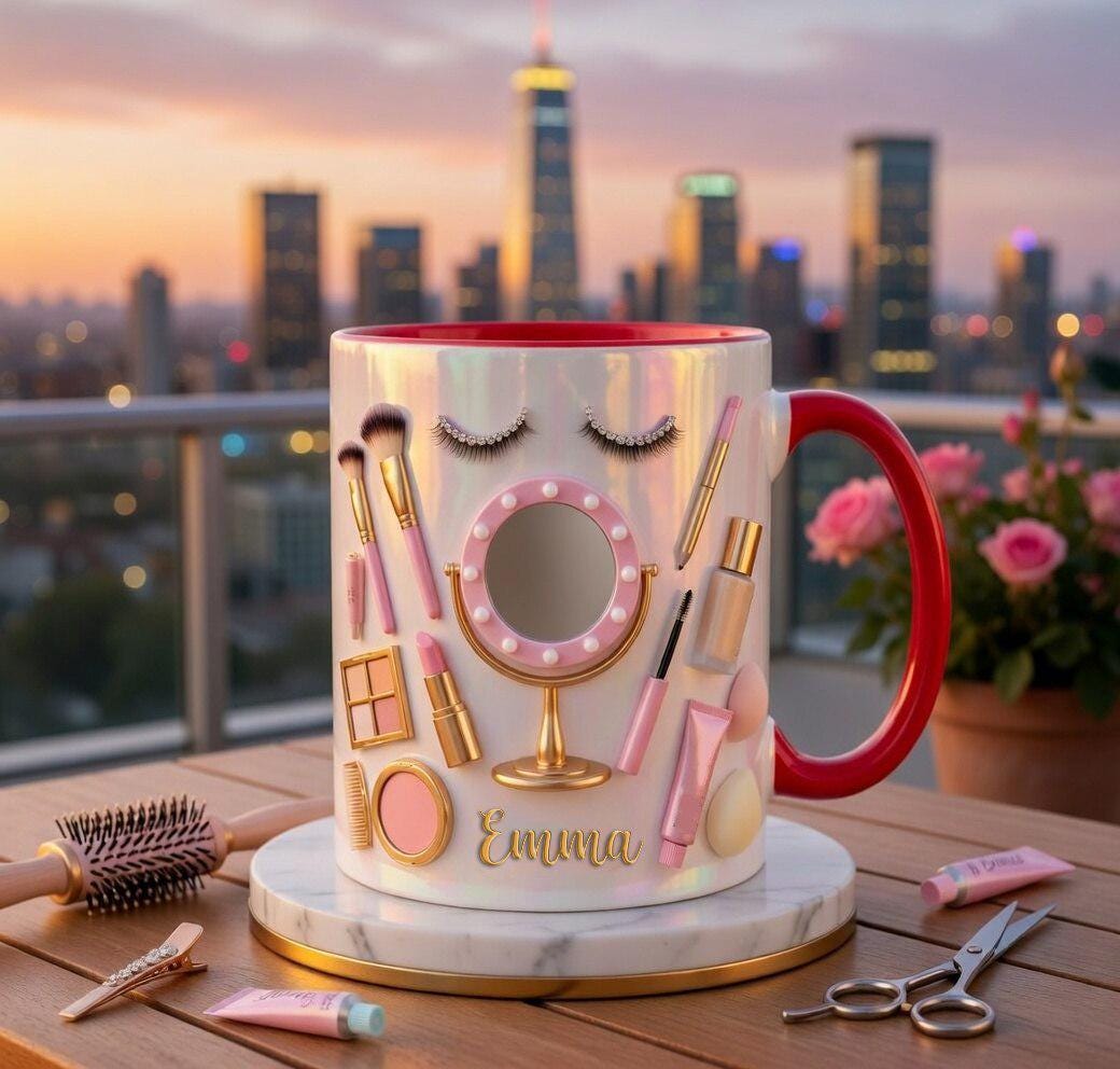 Personalized Makeup Artist Faux 3D Effect Mug, Beauty Lover Gift, 2D Flat