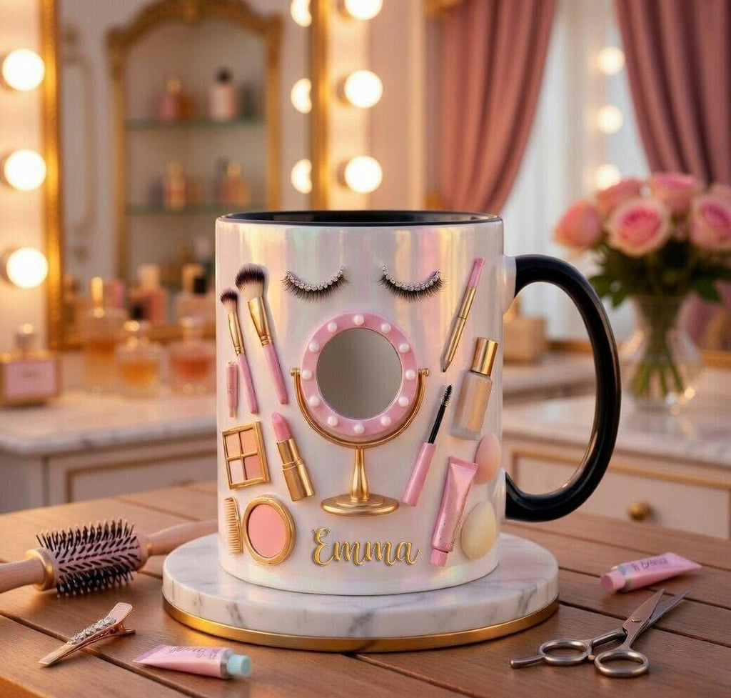 Personalized Makeup Artist Faux 3D Effect Mug, Beauty Lover Gift, 2D Flat