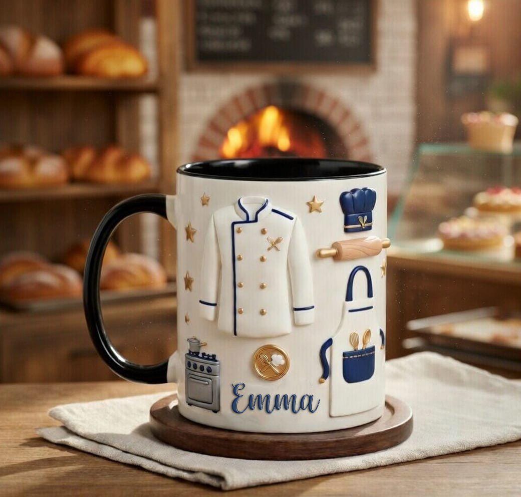 Custom Name Baker Faux 3D Effect Mug, Baking Tools Design, Kitchen Gift, 2D Flat