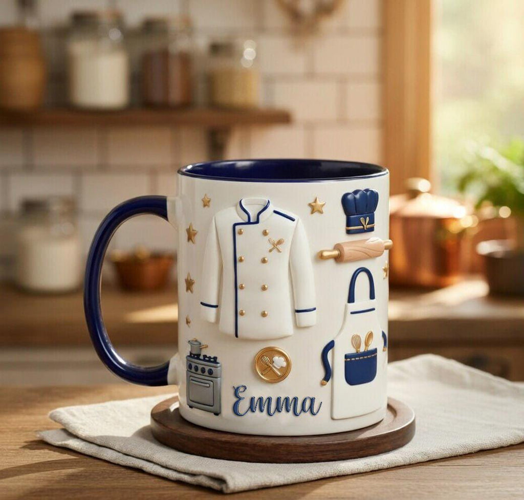 Custom Name Baker Faux 3D Effect Mug, Baking Tools Design, Kitchen Gift, 2D Flat